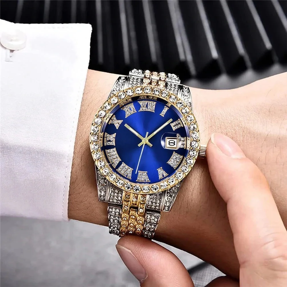 Luxury Hip Hop Two-Tone w/Blue Face Men Watch
